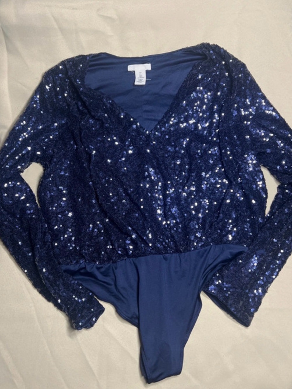 H&M Navy Sequin V-Neck Long Sleeve Bodysuit